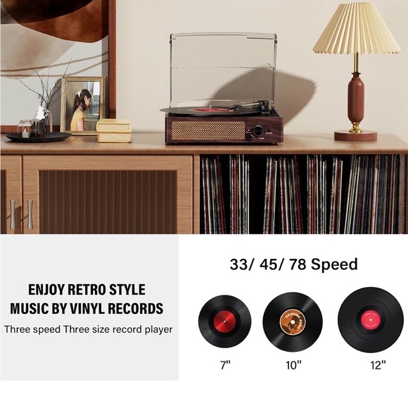 Wireless Vintage Brown Turntable with Clear Lid - Picture 3 of 6